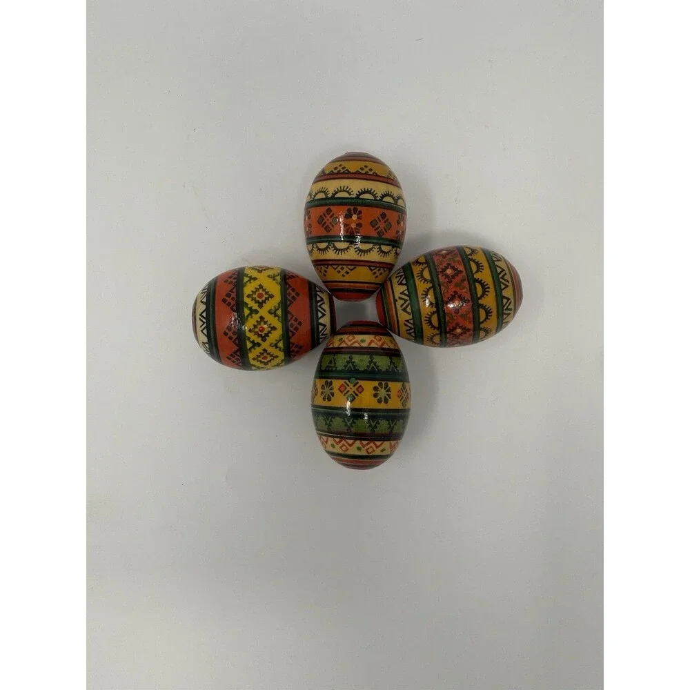 Set of 4 Hand Painted Wood Easter Decorative Eggs, Multicolor Geometric